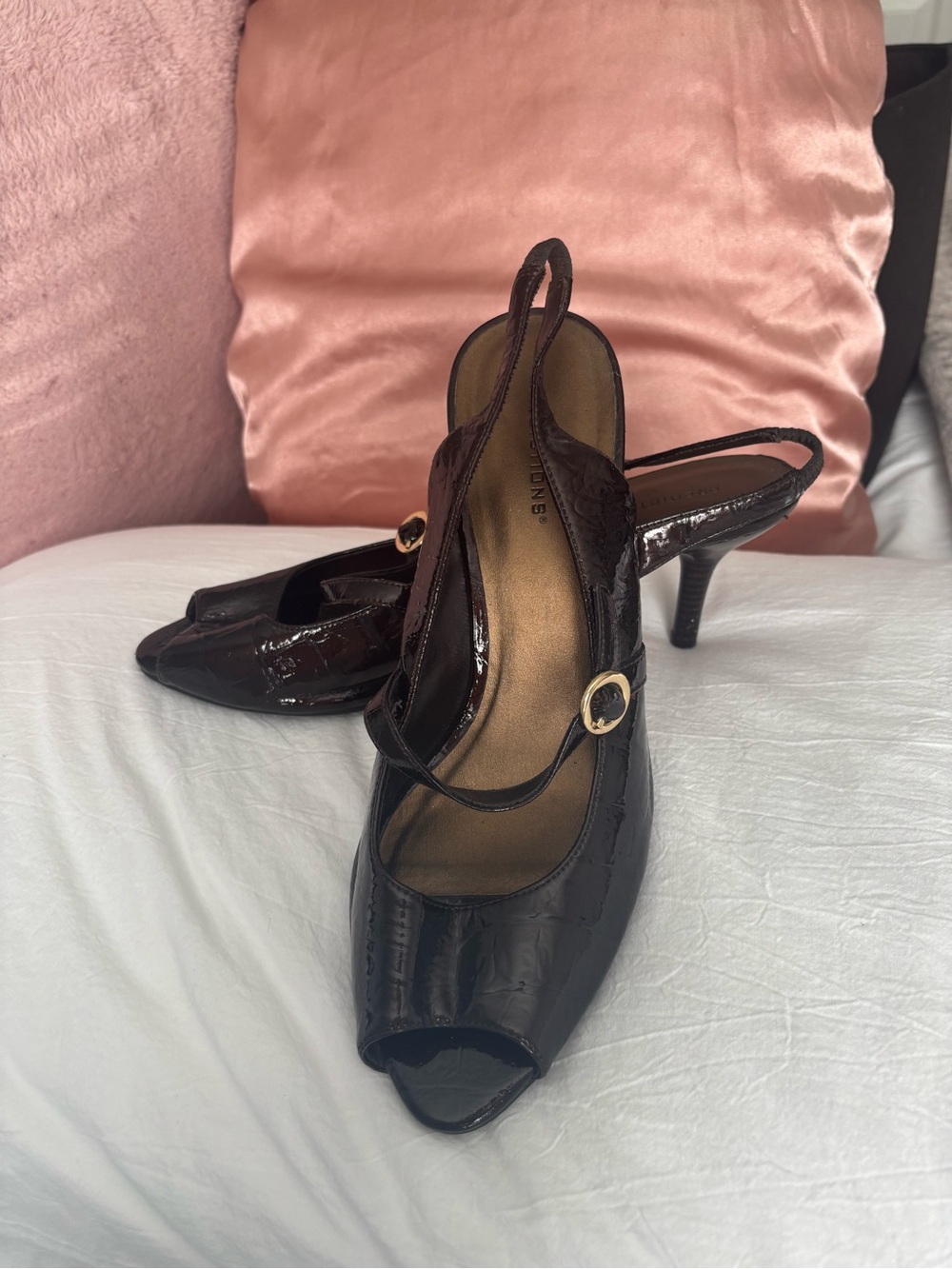 Predictions Dark Brown Patent Slingback Peep-Toe Heels with Gold Buckle
